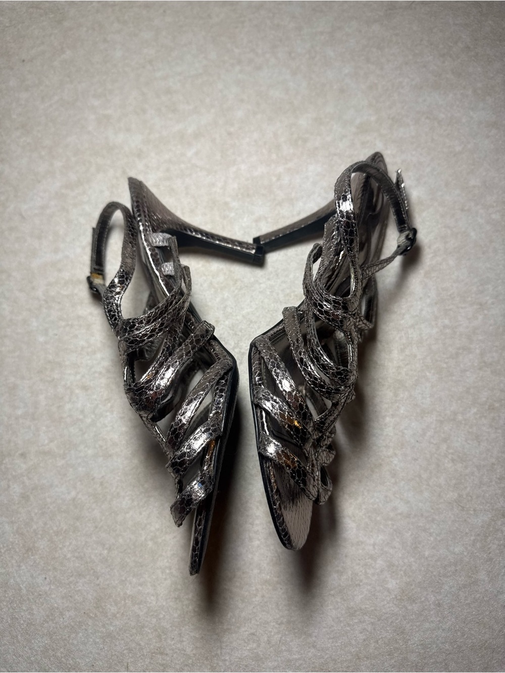 Nina Metallic Silver Snakeskin Strappy High Stiletto High Heels Size US 7M - Picture 3 of 7